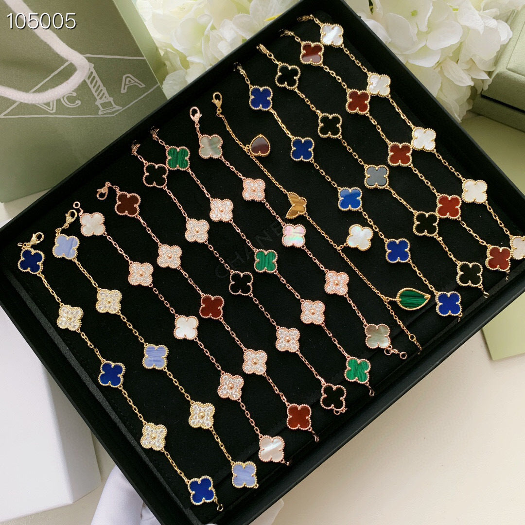 Women's Four-leaf Clover Rose Gold Red Agate Black White Shell Flower Bracelet