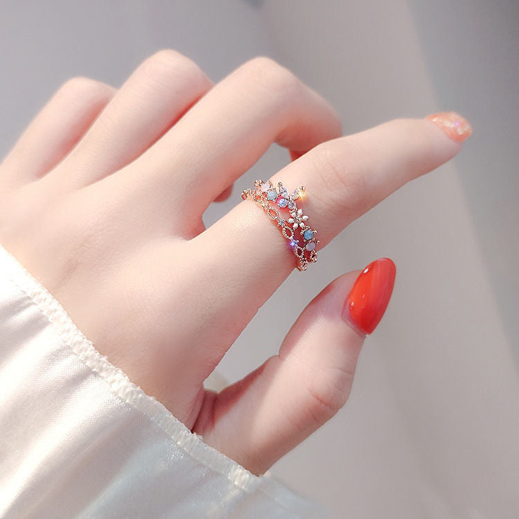 Female Korean Style Fresh Micro Inlaid Little Double Rings