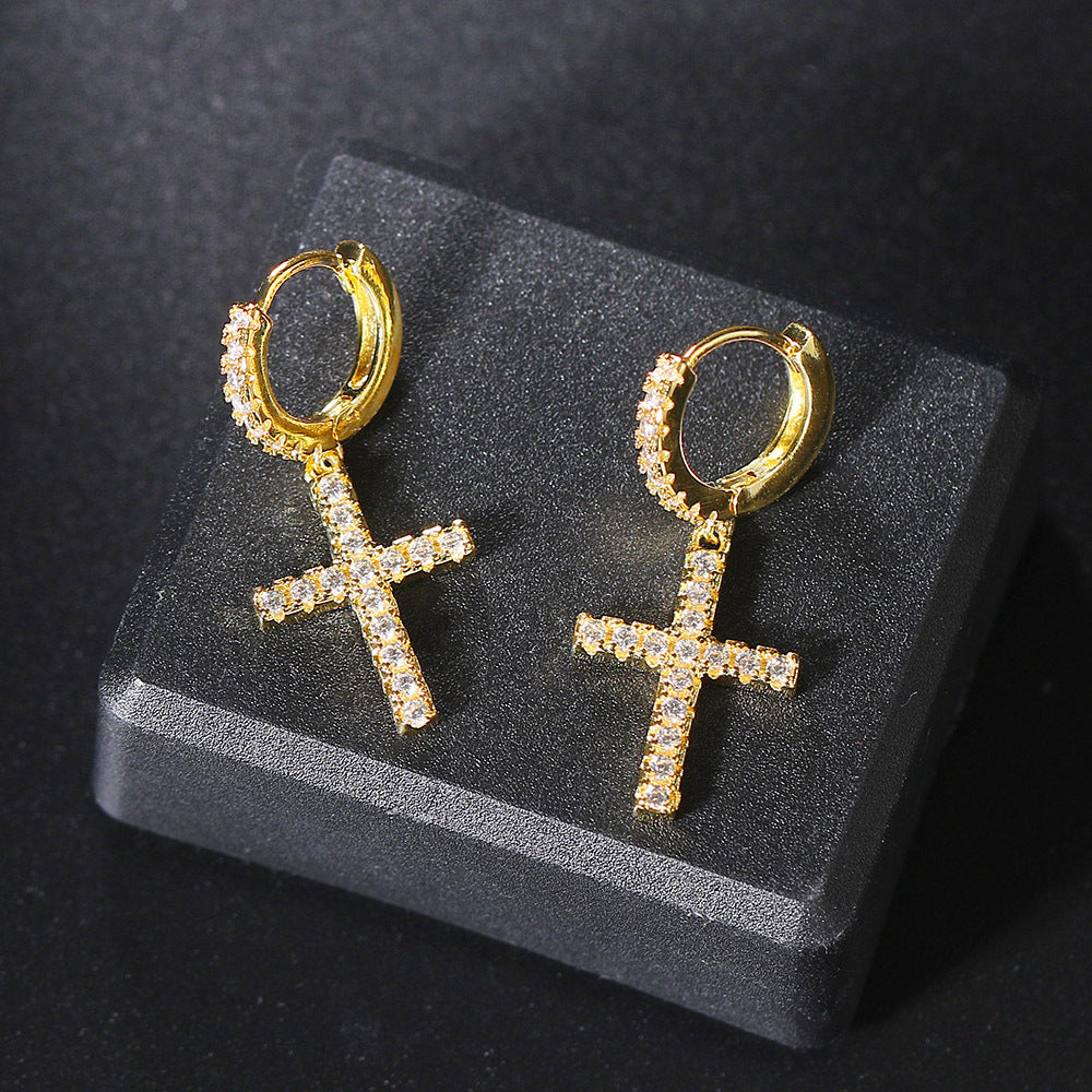 Hip Hop Full Diamond Cross Eardrops Male Earrings