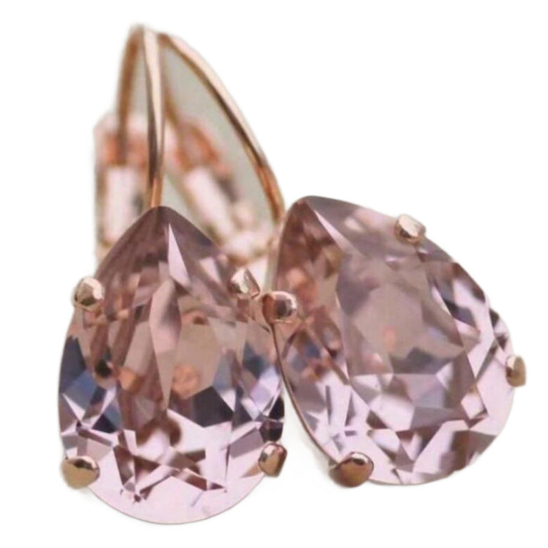 Gold Inlaid Pink Crystal Water Drop Stud Earrings