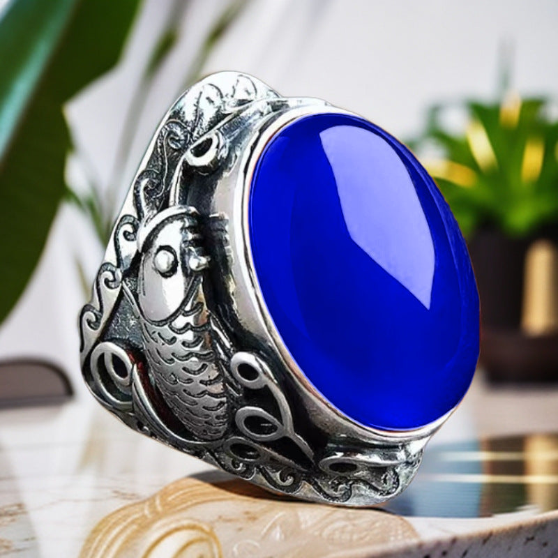 Men's Vintage Koi Domineering Thai Sier Niche Pisces Ruby Rings