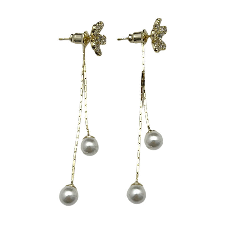 For Pearl Flower Inlaid Zircon Tassel Design Rings