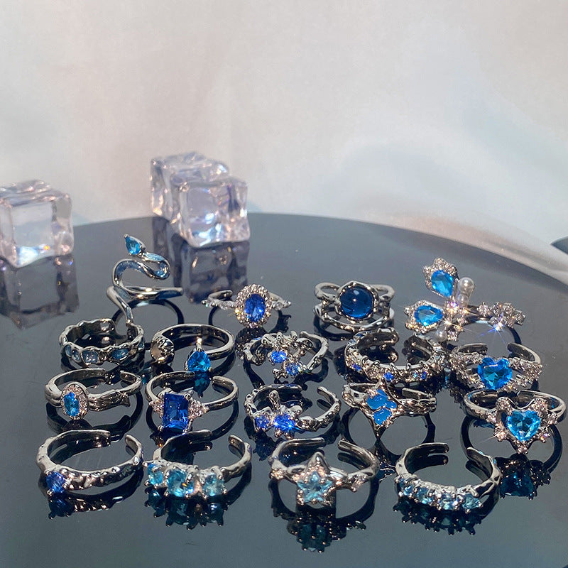 Mint Blue Color Love Heart-shaped Light Luxury Rings
