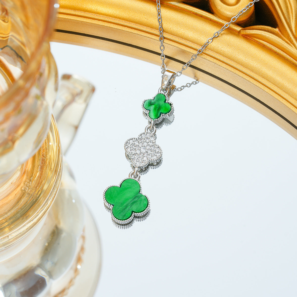 Women's Steel Triple Double-sided Clover Full Diamond Clavicle Chain Light Luxury Necklaces