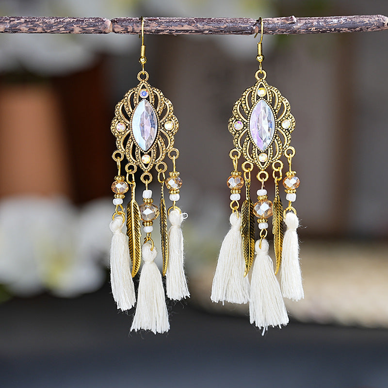 Daisy Retro Oval Diamond Tassel Leaf-shaped Earrings