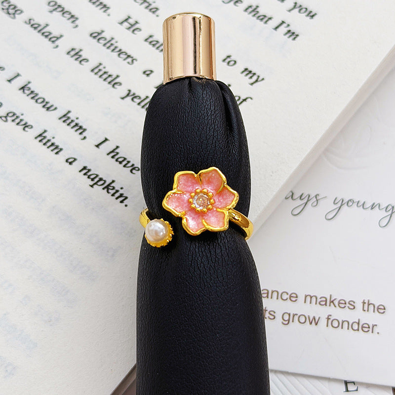Women's Sweet Retro Affordable Luxury Colorful Enamel Flower Pearl Diamond Asterism Rings
