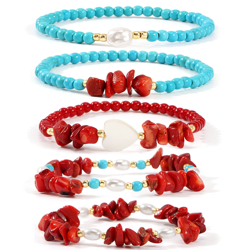Summer Seaside Wear Red Coral Broken Pearl Heart Niche Design Bracelets