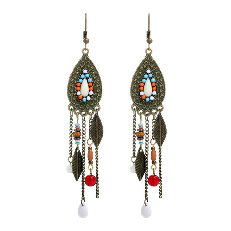 Women's Retro Bohemian Long Fringe Ethnic Style Water Drop Earrings