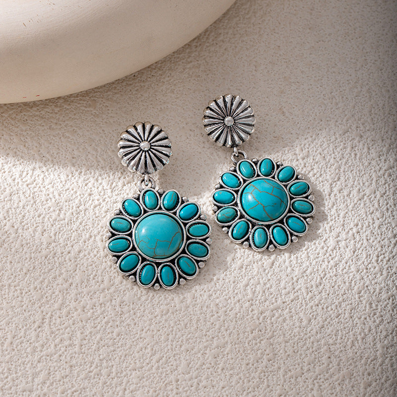 Vintage Ethnic Style Turquoise Flower Alloy Earrings