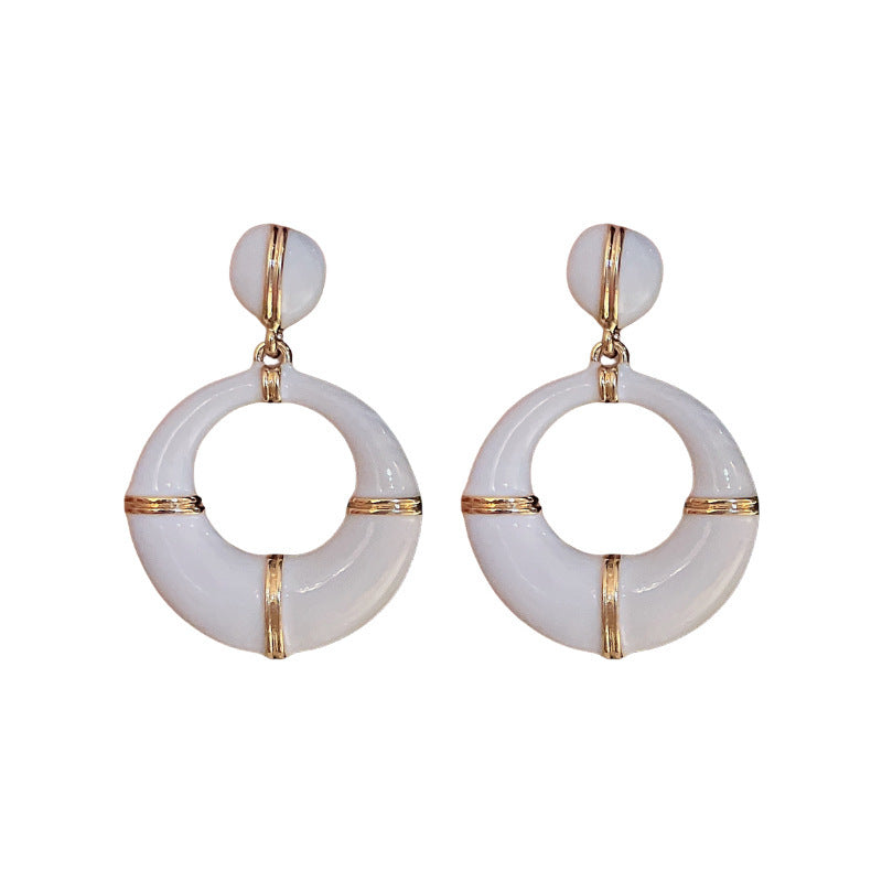 Sier Needle Drop Oil Openwork Circle French Earrings