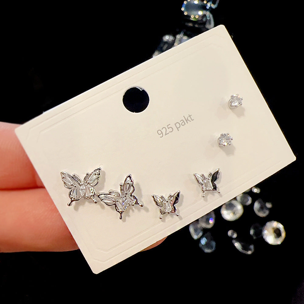 One Card Three Pairs Sier Needle Earrings