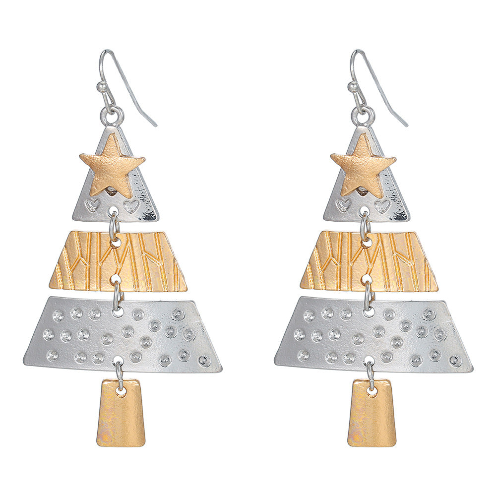 Handmade Exaggerated Big Christmas Tree Five-pointed Star Alloy Stitching Earrings