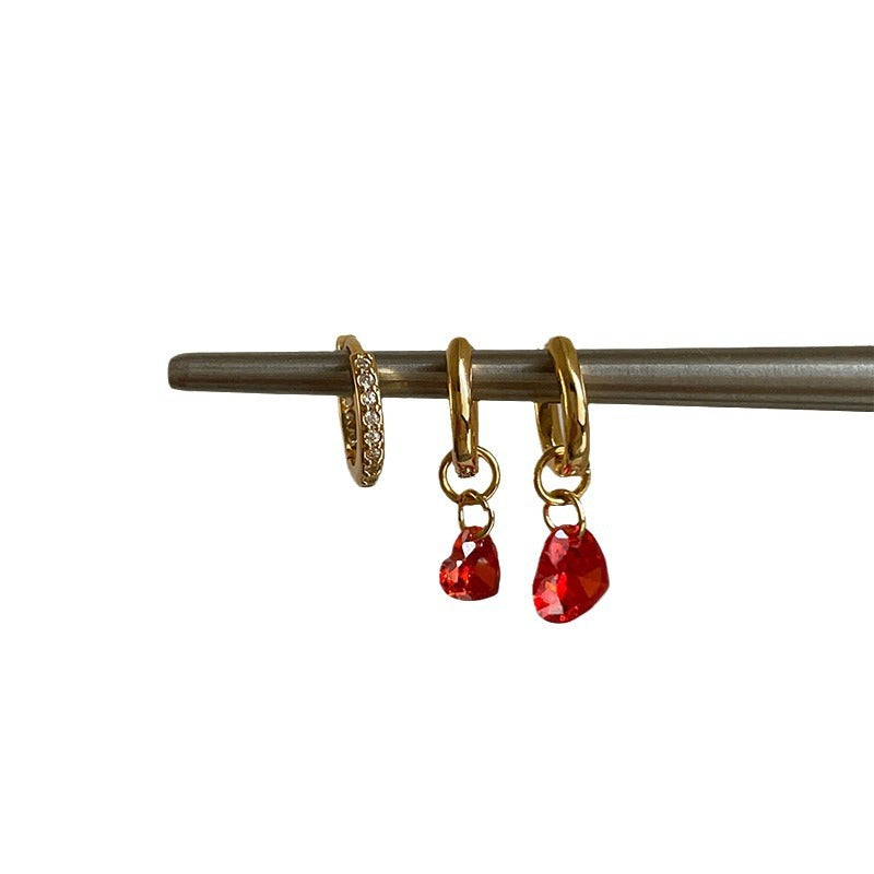 Women's Heart Water Drops Zircon Three-piece Small Earrings