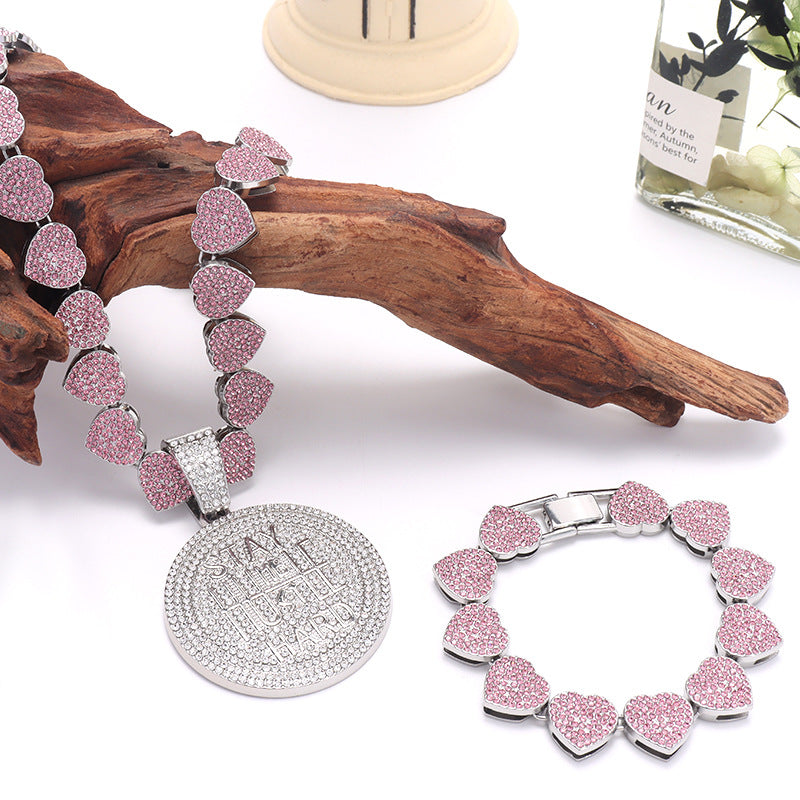 Men's Keep Strong Letter Round Plate Full Diamond Necklaces