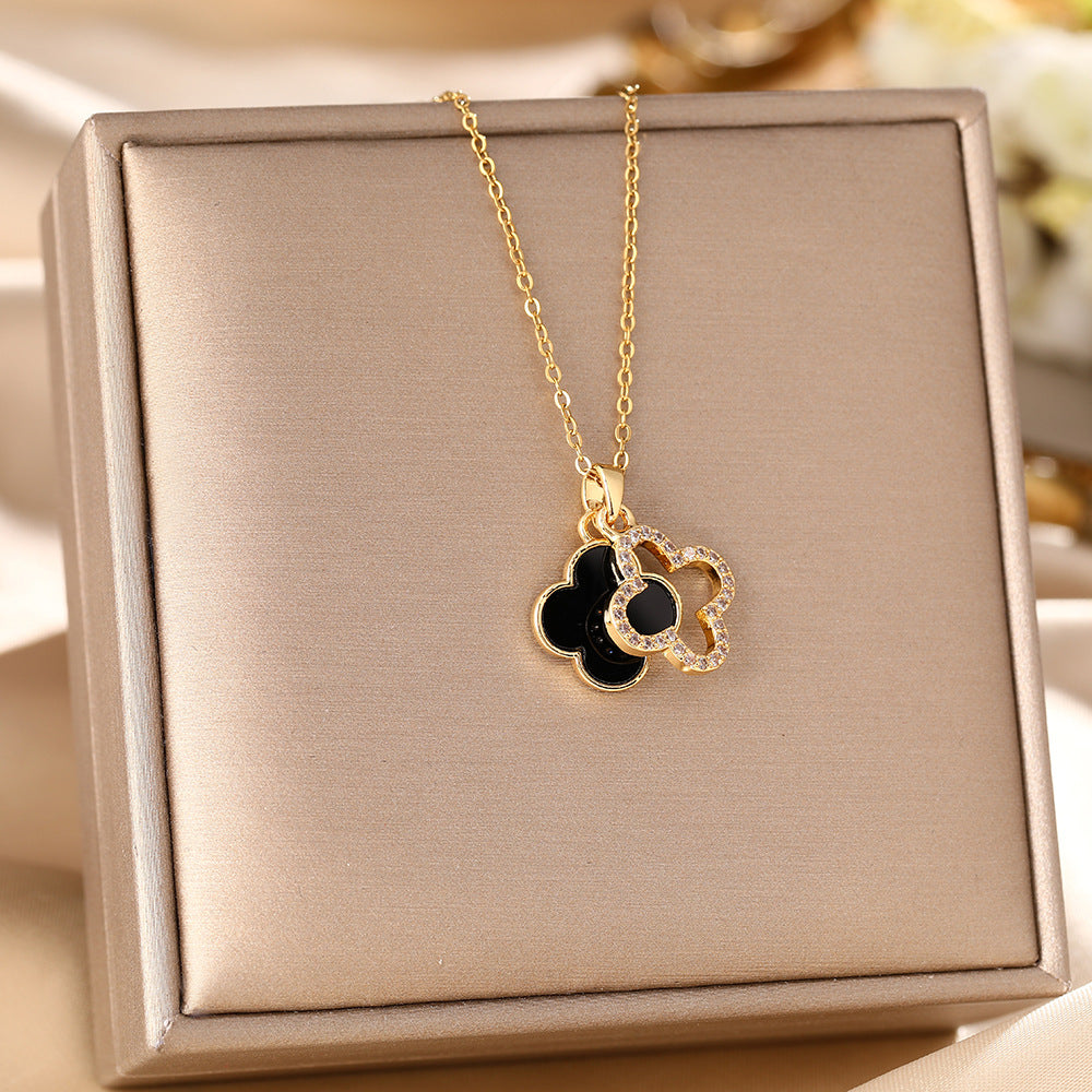 Women's Hollow Black White Four-leaf Flower Clavicle Chain Necklace