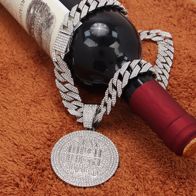 Men's Keep Strong Letter Round Plate Full Diamond Necklaces