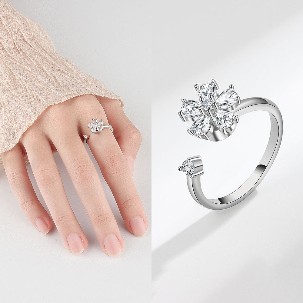 Micro Rhinestone Lucky Four Leaf Grass Rotatable Rings