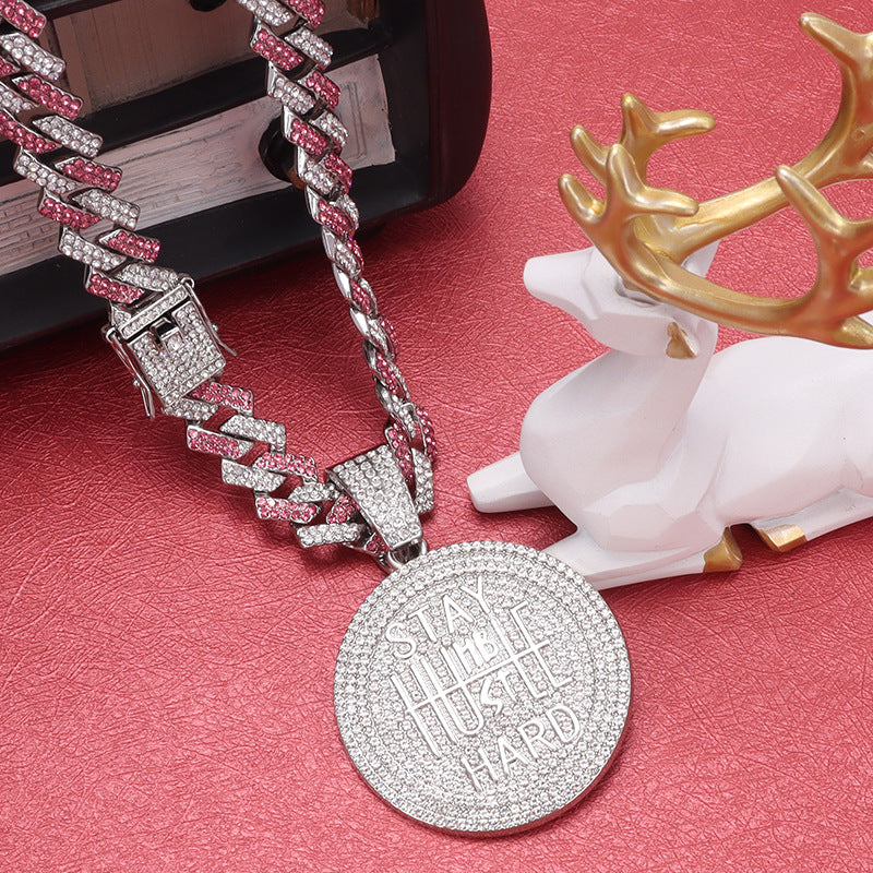 Men's Keep Strong Letter Round Plate Full Diamond Necklaces