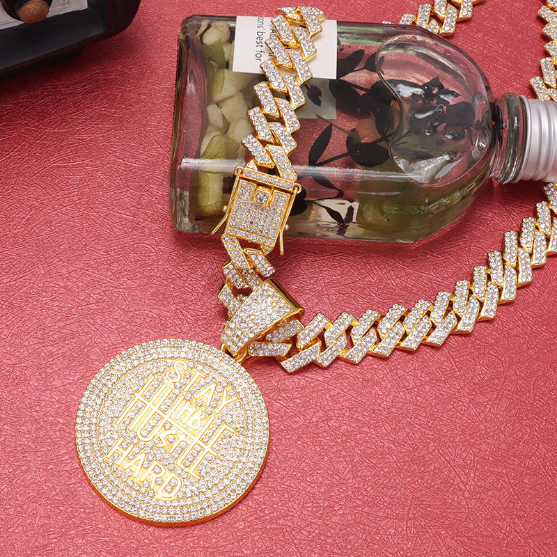 Men's Keep Strong Letter Round Plate Full Diamond Necklaces