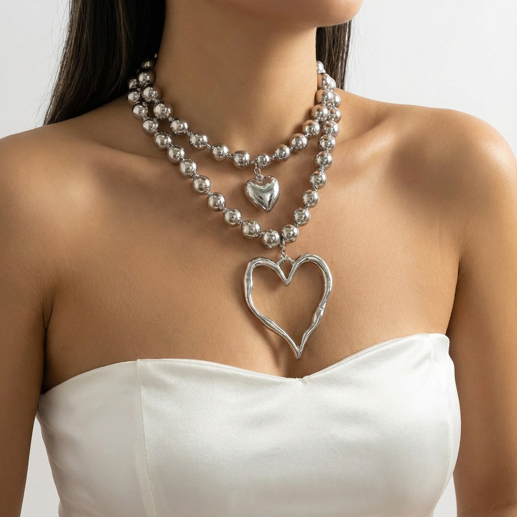 Creative Beaded Irregular Clavicle Chain Metal Heart Handmade Exaggerated Necklaces