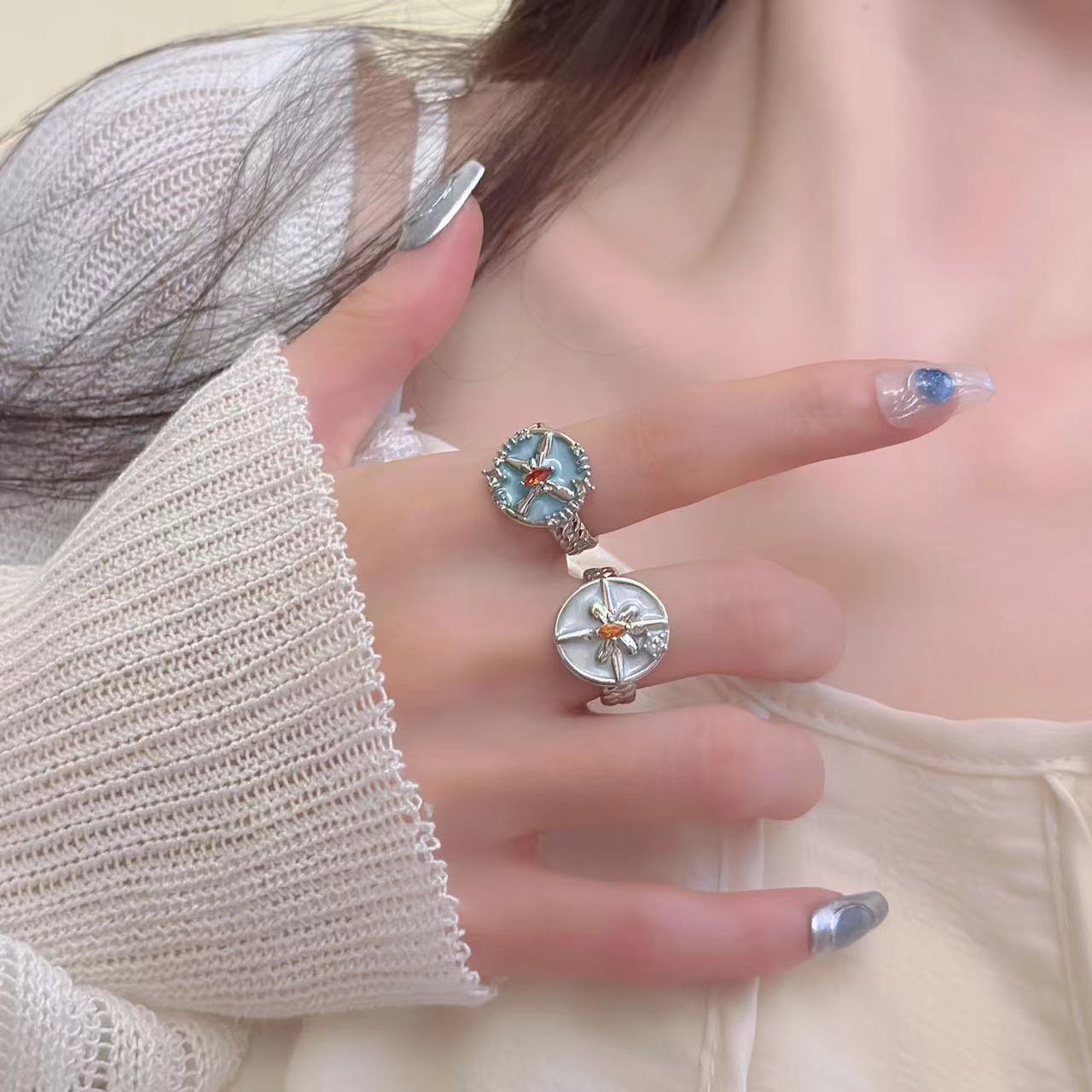 Dripping Oil Eight Awn Star Open Female Elegance Retro Niche Ring
