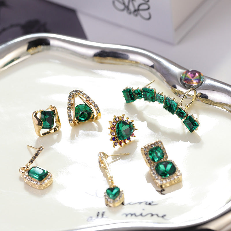 Women's Sier Needle Simple Personality Green Diamond Flower Love Heart Earrings