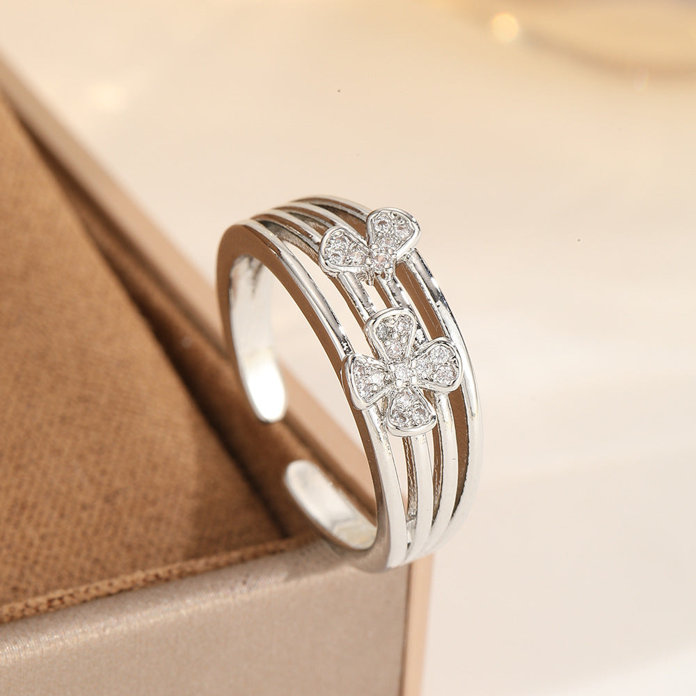 Women's Light Luxury Clover Open Copper Inlaid Zircon Niche Design Ring