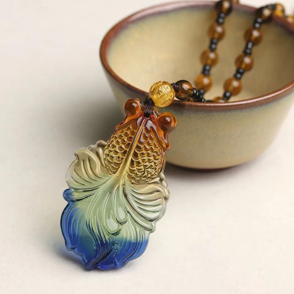 Colored Glaze Crystal Leaves Guan Gong Buddha Ornamental Stone Necklaces