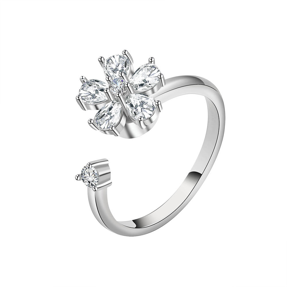 Micro Rhinestone Lucky Four Leaf Grass Rotatable Rings