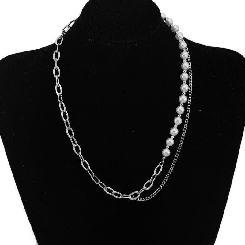 Women's & Men's Niche Design Pearl Stitching Chain For Trendy Titanium Steel Necklaces
