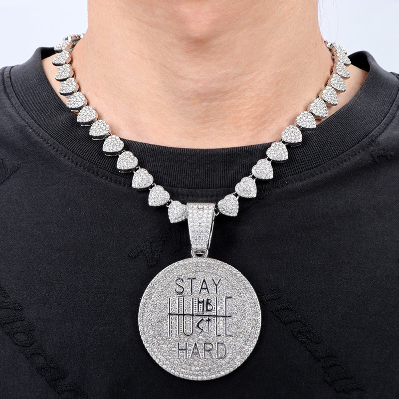 Men's Keep Strong Letter Round Plate Full Diamond Necklaces
