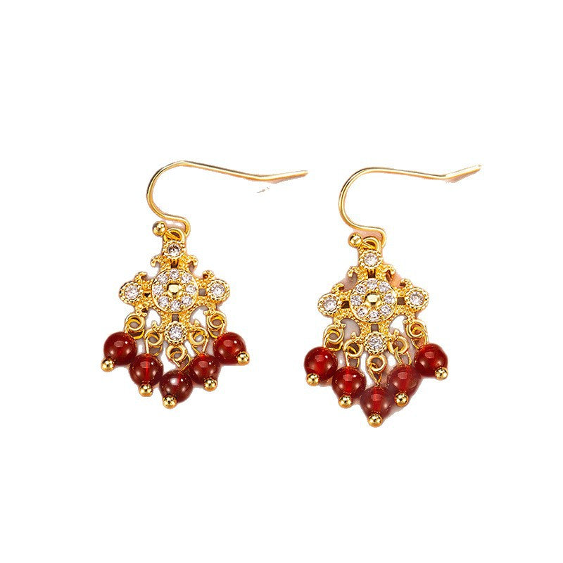 Women's Rhinestone Imitation Red Agate Tassel For Vintage Court Beaded Ear Earrings