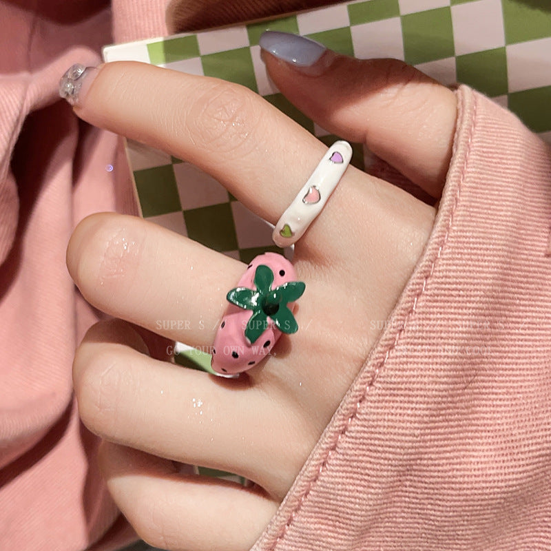 Pink Cute Strawberry Saturn Stylish Opening Rings