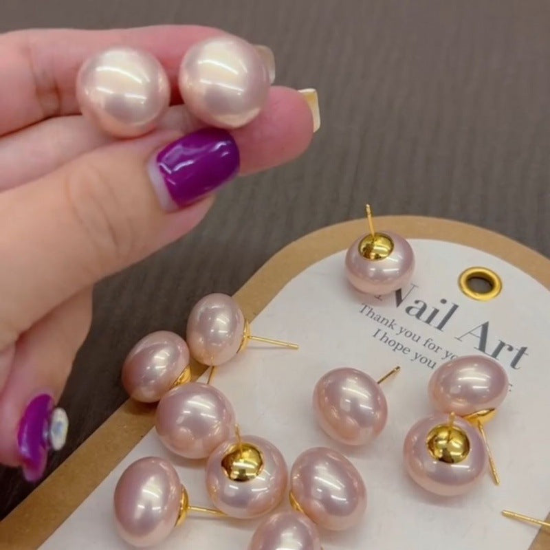 Pink Steamed Bread Pearl Female Design French Style Temperament Stud Earrings