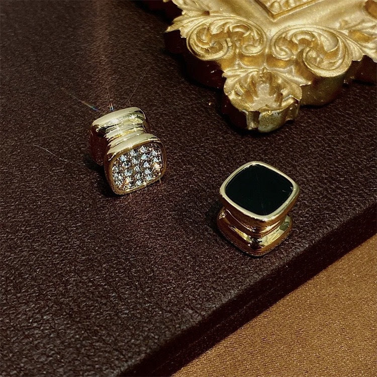 Pierced Magnet Double-sided Asymmetric Black Square Earrings