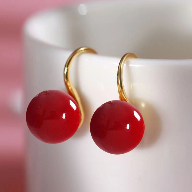 Women's Red Round Beads Imitation White Pearl High Heels Earrings