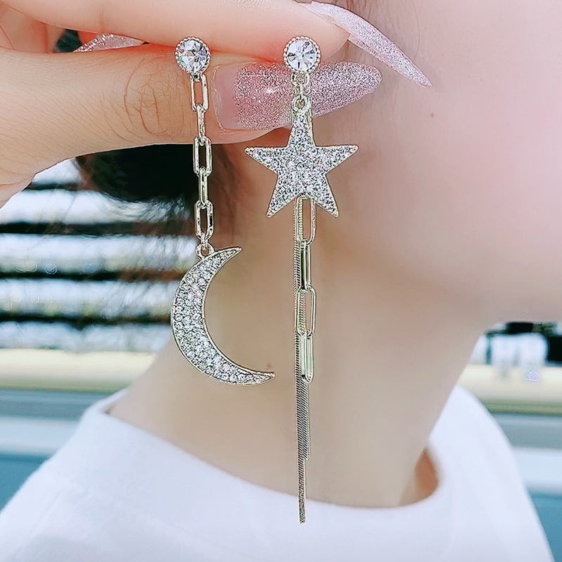 Women's Asymmetric Star Moon Tassel Exaggerated Temperamental Earrings
