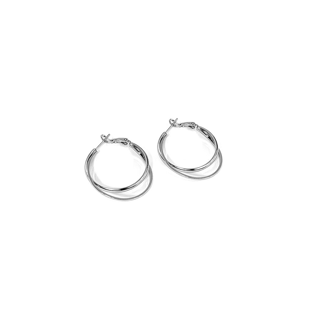 Sier Needle Minimalist Glossy Double Layer Big Ear Earrings