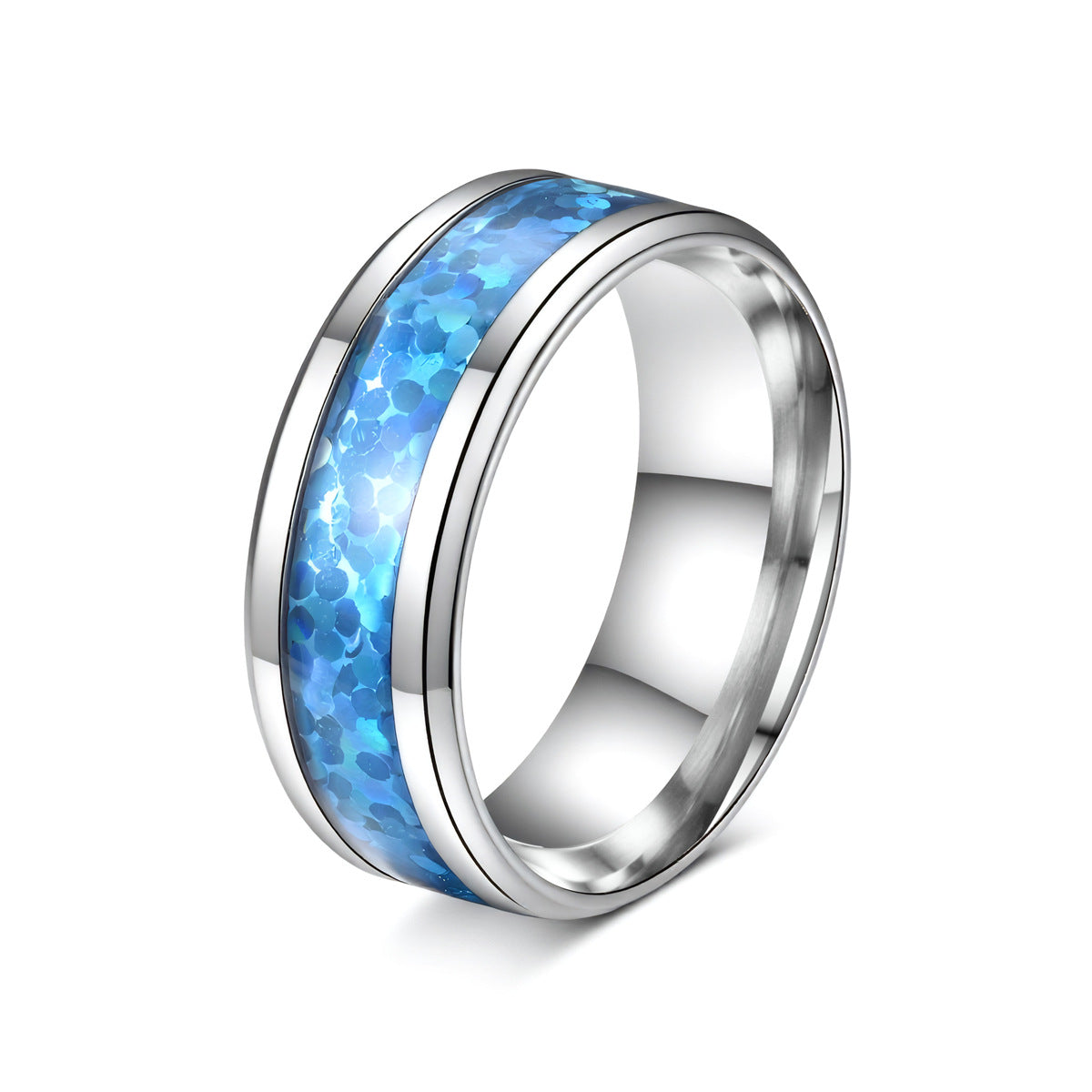 Women's & Men's Personality Deep Sea Blue Round Titanium Steel Ring