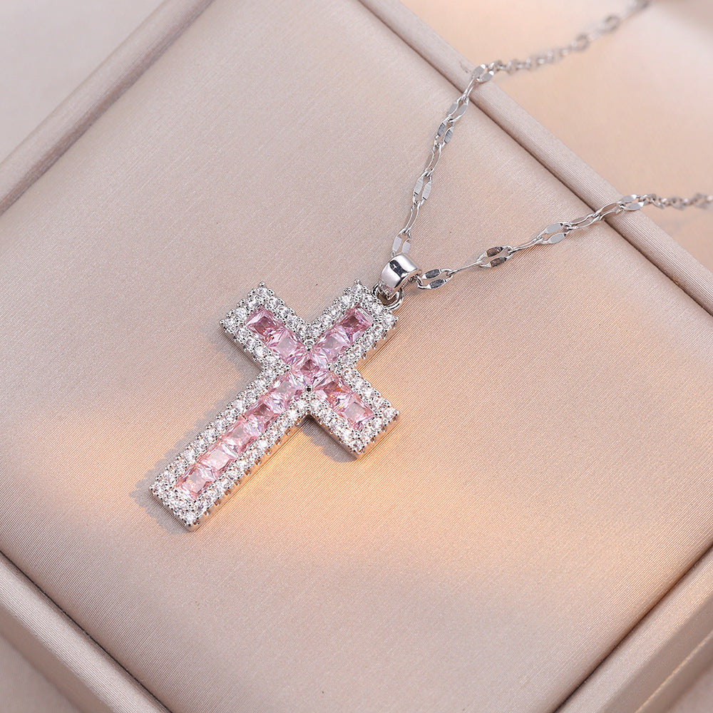 Women's Female Zircon Cross Simple Design Necklace
