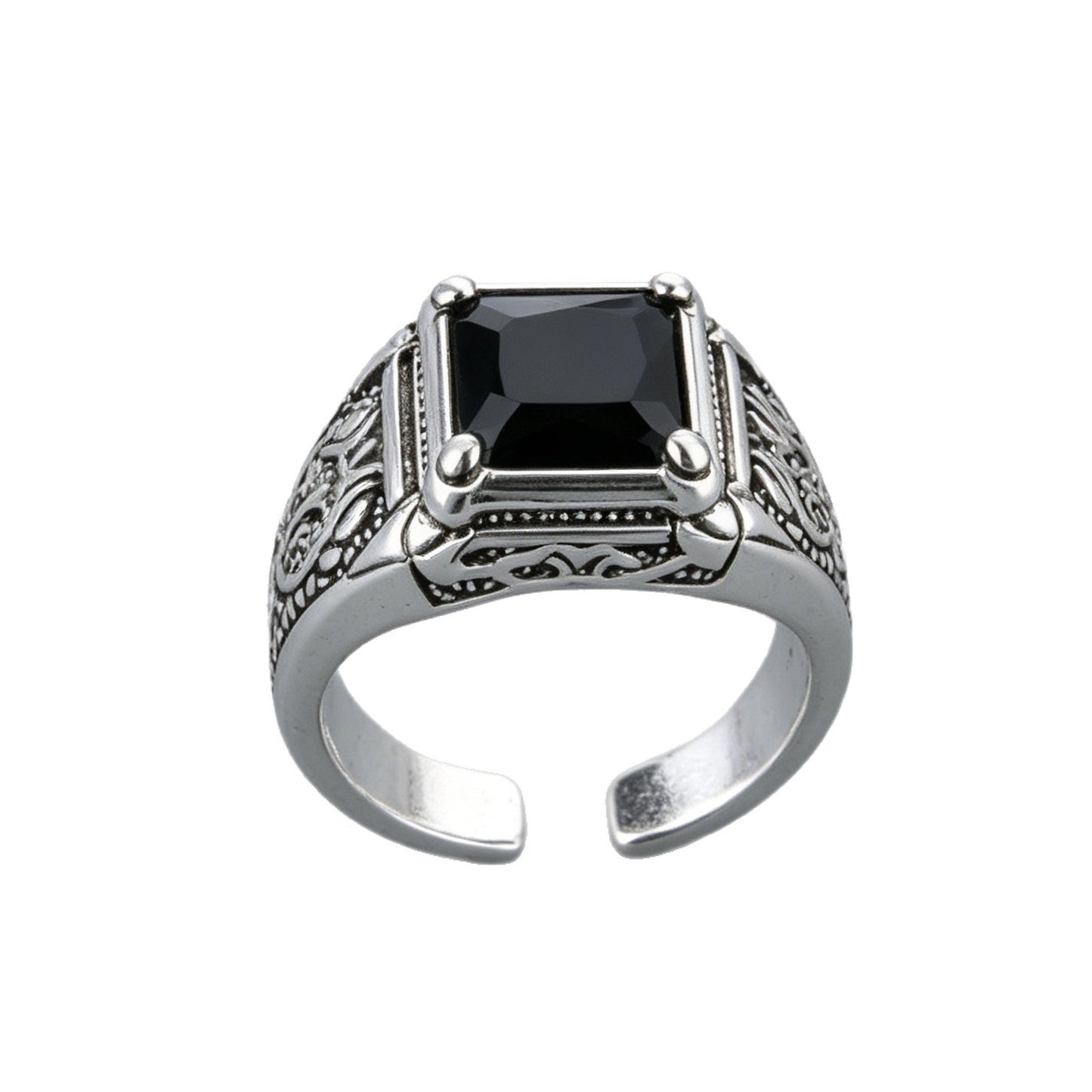 Men's Alloy Inlaid Black Gemstone Imitation Thai Sier Ring