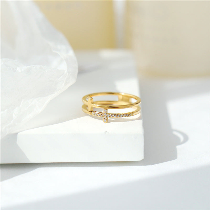 Layer Cross Micro Rhinestone Rose Gold Rings