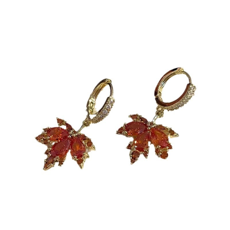 Red Maple Leaf Zircon Trendy High-grade Temperamental Ear Buckle