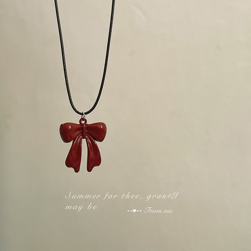 Red Niche Minimalist Bow Black Leather Rope Necklaces