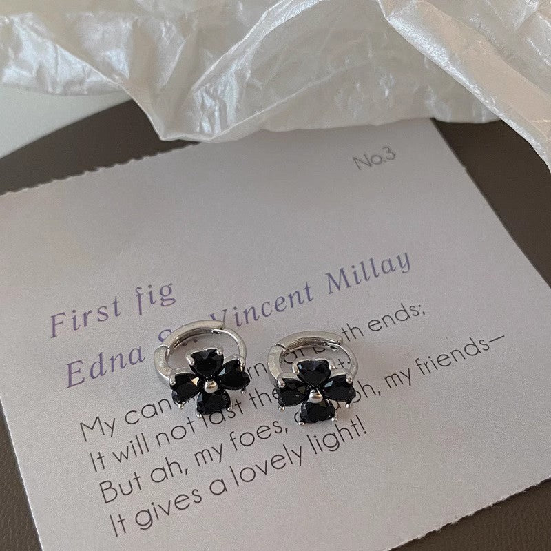 Women's Korean Style Niche Temperament Black Zircon Four-leaf Earrings