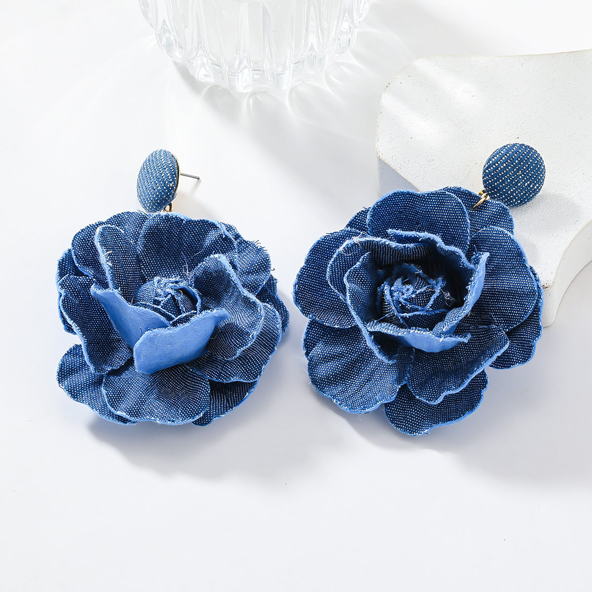 Flower Exaggerated Female Trend Denim Blue Earrings