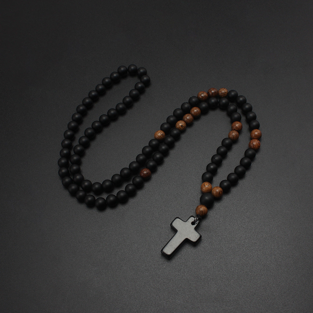 Bead Matte Black Agate Cross Long Necklaces