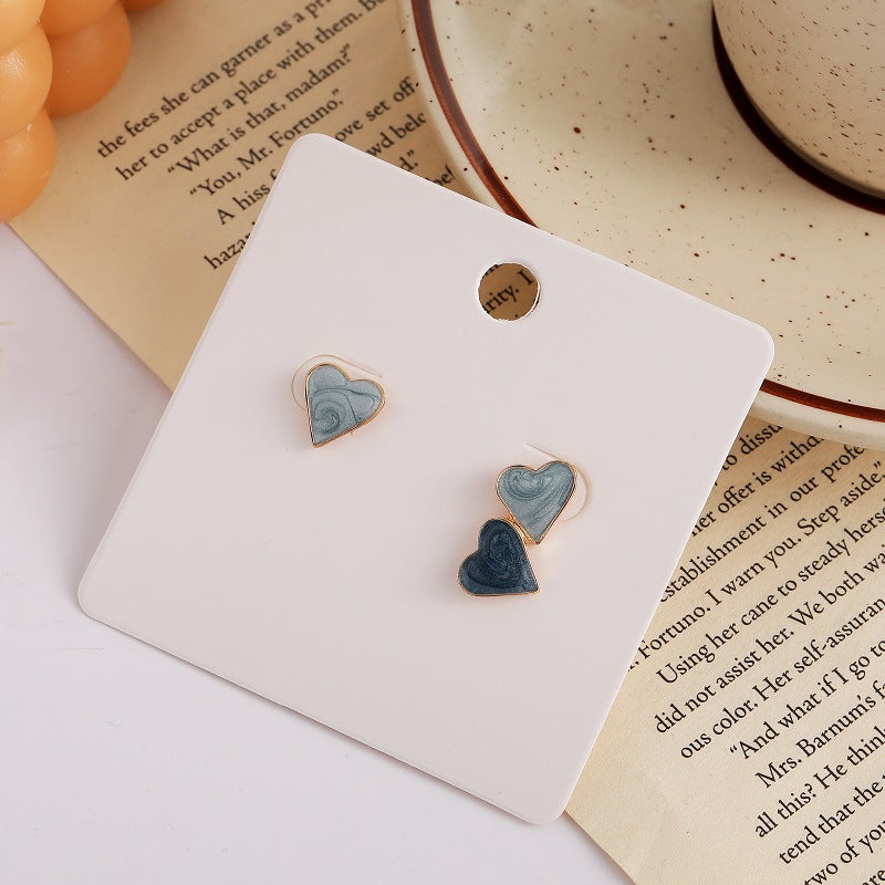 Contrast Color Asymmetric Blue Ear Dark Light Heart-shaped Small Peach Stud Earrings