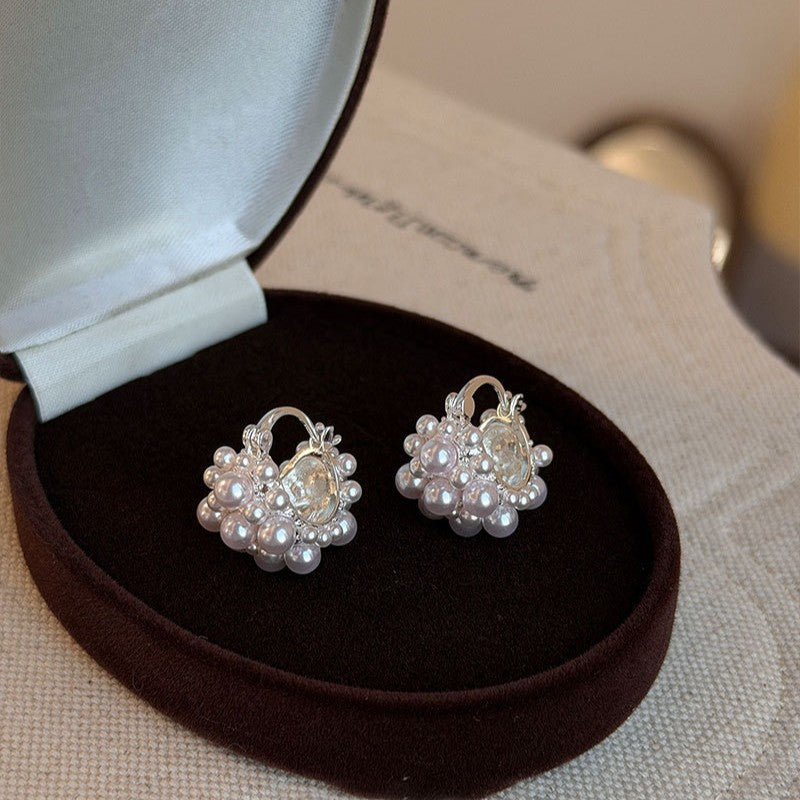 Women's Light Pink Pearl Small Flower Basket Ear Clip Earrings
