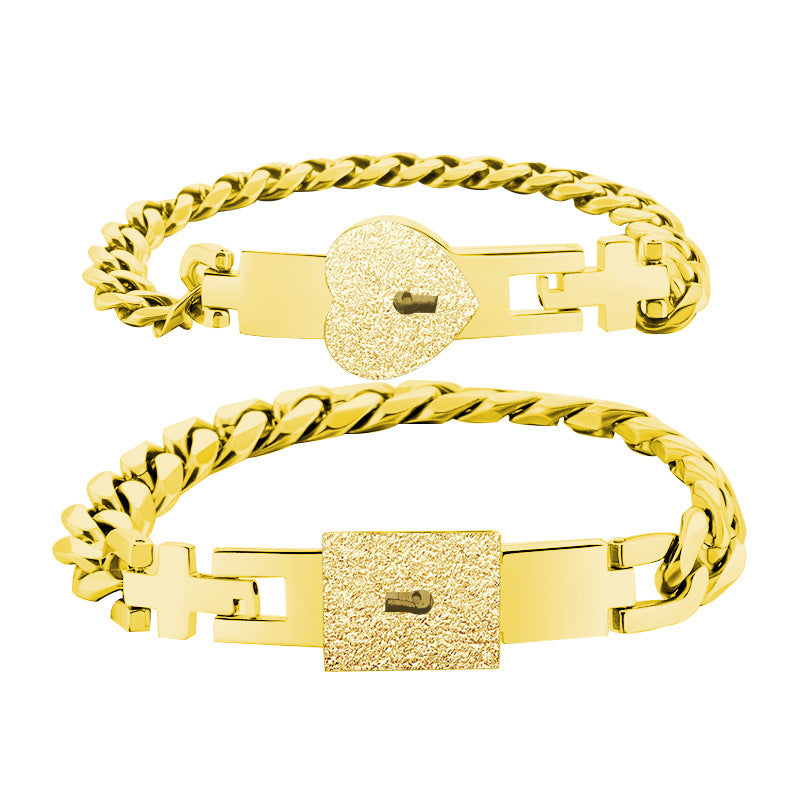 Steel Couple Titanium Gold Heart Lock Bracelets